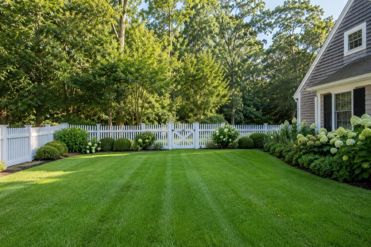 A neatly mowed backyard lawn with a white picket fence in Sandwich, MA